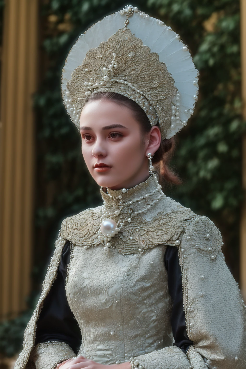 medium shot, sl4v1ccr0wnwh1t3, attractive young woman, pearls, disk, mitre, high neck jacquard top, neck ruff <lora:sl4v1ccr0wn_multi-000009:0.8>