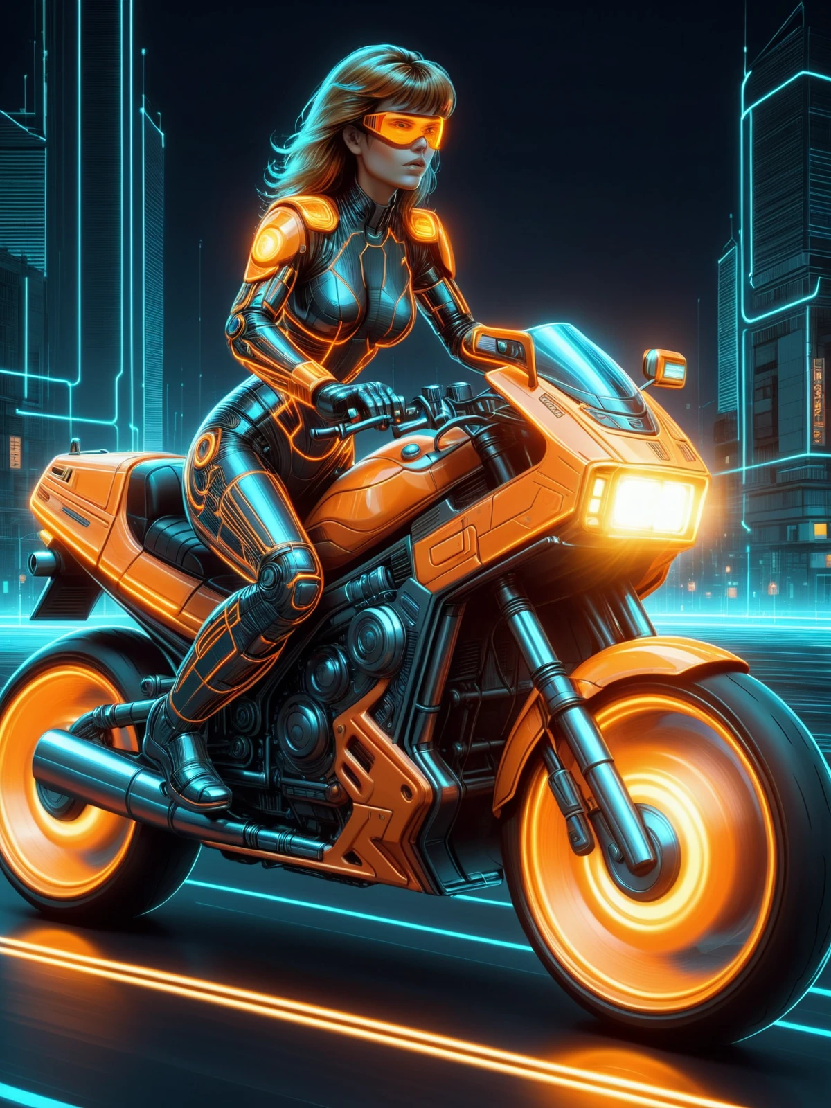 mad-cyberspace, woman driving a motor bike, orange glowing outlines, light trail, dynamic pose, grid, motion blur, cyberpunk, 1980s, retro, scifi, city <lora:Neon_Cyberpunk_Cyberspace_SD1.5:0.8>, (masterpiece:1.2), best quality, (hyperdetailed, highest detailed:1.2), high resolution textures
