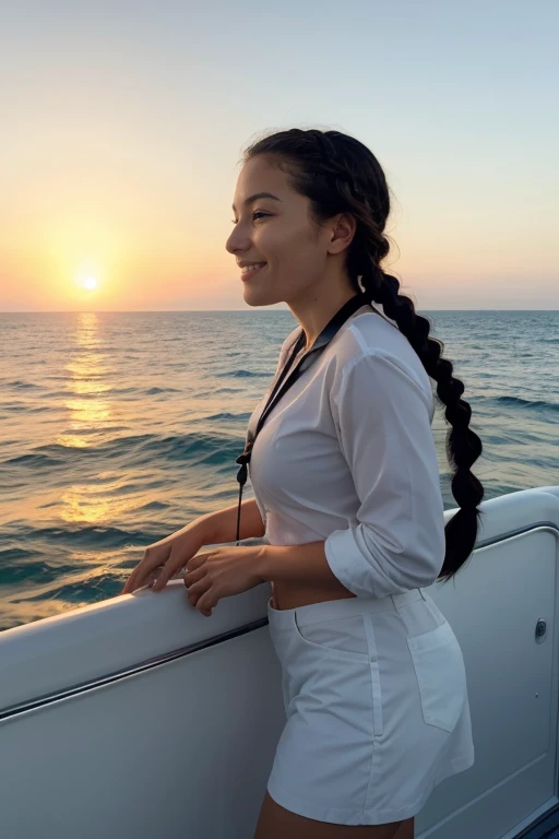 10. A female marine biologist (ethnicity: Black, age: mid-30s) on a research boat (setting: oceanic, sunrise). She's wearing practical, waterproof gear (fabric: weather-resistant) with binoculars slung around her neck. Her hair is in a practical braid, and her makeup is natural, with a focus on sun protection. She's observing marine life (species: dolphins), with a look of joy and fascination, surrounded by the vast ocean and the early morning sun casting a golden glow on the water.