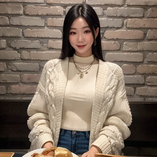 4k, 8k, ultra highres, raw photo in hdr, sharp focus, intricate texture, skin imperfections, realistic, detailed facial features, highly detailed face, posing,perfect lighting,long hair,black hair,makeup,necklace,sitting,korean, cream sweater, black jeans, white top, smile
