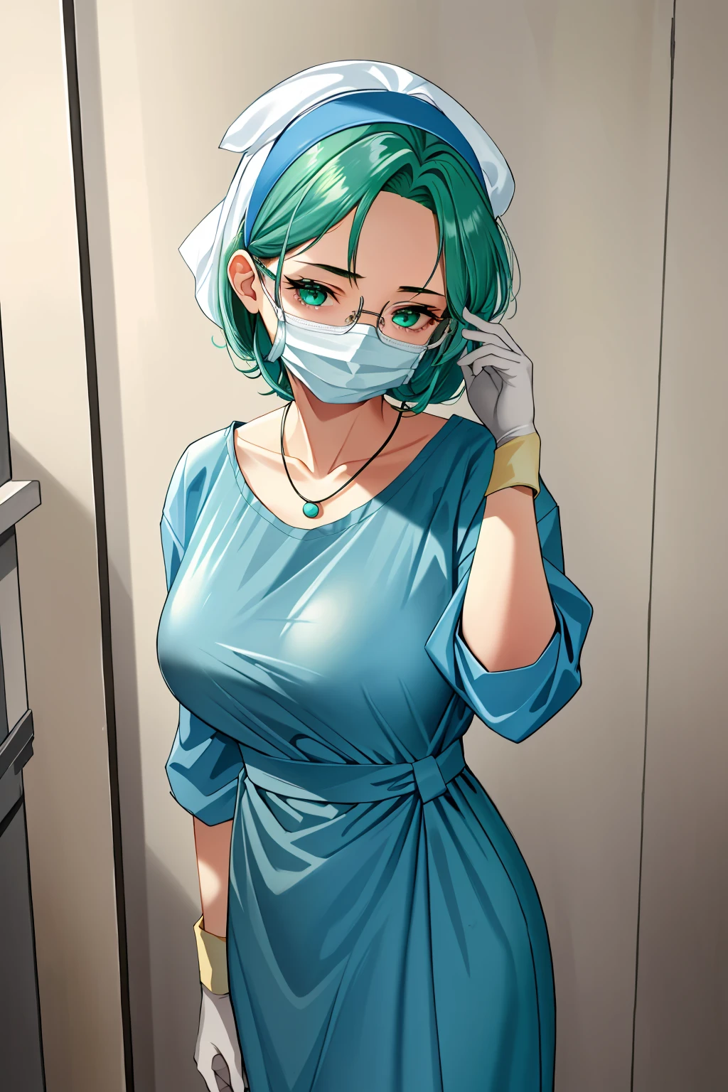 ((masterpiece, best quality, high quality)),1girl, (hospital), <lora:infirmary_v0.1:0.5> infirmary, <lora:Tomomi Kii:0.6> (1girl, 3dcg 08, aqua hair, bangle, collarbone, glasses, green eyes, hairband, medium breasts, necklace, semi-rimless eyewear, short hair, sidelocks, solo, tomomi kii, under-rim eyewear), <lora:0- CL - Surgical uniform:1> (surgical_uniform, mask, long sleeves, surgical mask,long dress, latex gloves, surgical cap over hair),