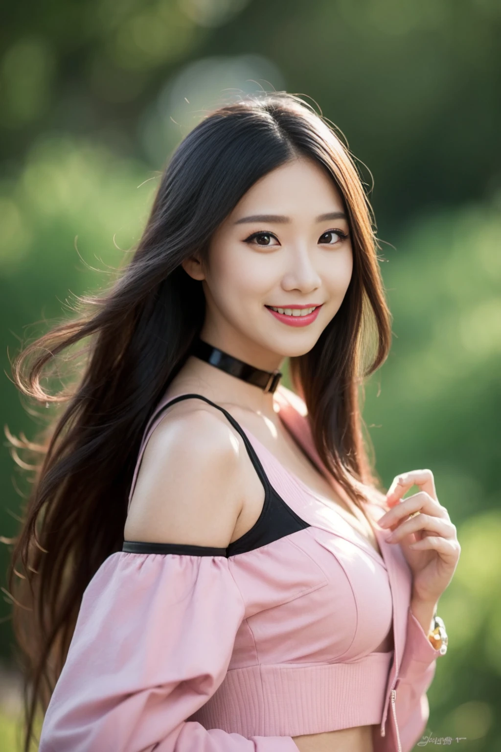 <lora:joanwu_v01:0.9>,
(8k, RAW photo, best quality, masterpiece:1.2), (realistic, photo-realistic:1.37), omertosa,1girl, blurry background,lake, sunlight,professional lighting, photon mapping, radiosity, physically-based rendering, backlight bokeh, blurry background,smile, mature,((black choker)), red lips, office lady ,((lights shinning on the face))
head portrait
,
sunlight, ((outdoors)) ,((light shinning on the hair))
navel-baring shirt,bare shoulders,short jacket,
((high twin-tail hair)), ((floating hair)), pink hair,straight hair, glowing hair,
135mm lens,gold-rimmed glasses,,big breast,red lips,smile