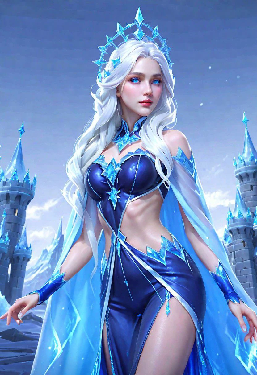 Hyper realistic portrait, Masterpiece, ultra Hd, trending on art station, cinematic lights, Aurora mobile legends( Long flowing white hair, blue eyes,  blue iced rhombus shaped ornaments cape, cropped side waist, iced ornaments, blue ice crown, blue iced high eels, ice castle as background, dynamic pose hand above,  chill, blue iced classy dress, detailed dress, detailed ice, detailed face, detailed eyes, detailed pupils, detailed fingers, detailed hair, detailed iced ornaments, OverallDetail, extremely detailed, Aurora mobile legends, SK_CINEMATIC, By bad artist