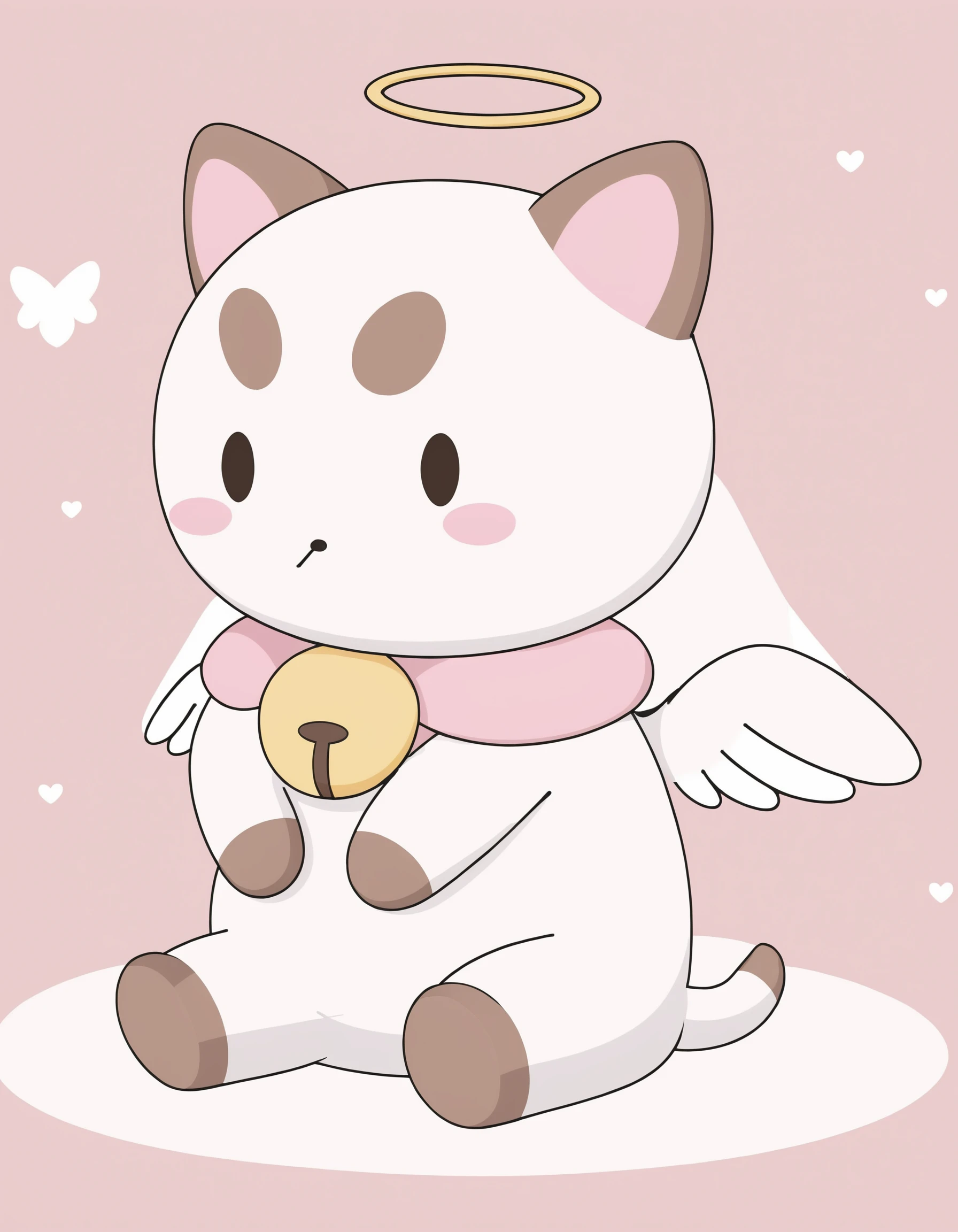 Puppycat, masterpiece, best quality, no humans, halo, wings, white background, simple background, solo, sitting, angel wings, angel, :<, full body, bell, cat, animal focus, stuffed toy, chibi, <lora:PuppycatXL:0.8>