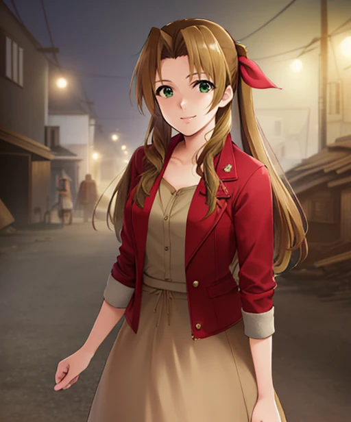portrait, (adult woman), (1girl, solo), smile, (brown hair), green eyes, ((slums)), (night, hazy), ((best quality, high detail)), ((masterpiece)), <lora:Cha - Aerith v3:.75> aerith gainsborough, hair ribbon, braid, red cropped jacket, dress, <lora:1_kaiga_10e:1>