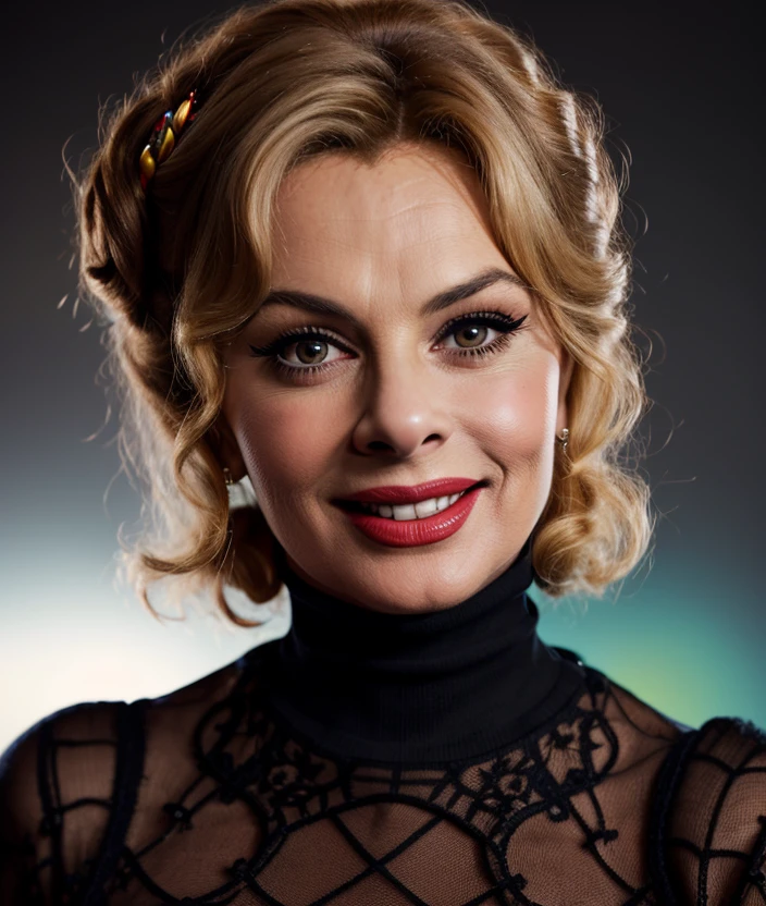 <s3nd4m1>, girl, Ultra-HD-details, Black background, smile, detailed eyes, 50s dress, cotton hair, 40s makeup, 50s style, Necklace, jewelry, ((Turtleneck color multi)), intricate