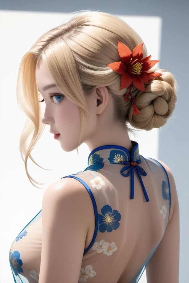 extremely high quality,1girl,from_back,blond hair,hair ornament,blue eyes,see-through,print_cheongsam,jewelry,medium breasts,elegant,cowboy_shot,safflower,<lora:lbc_ST_print_cheongsam_XL:0.5>, grade light and shadow,simple background,human anatomy aesthetics,
