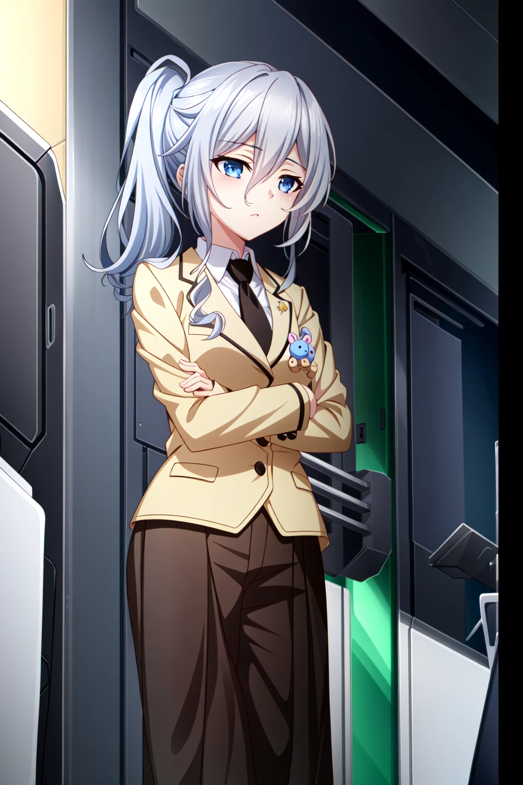 (extremely detailed CG unity 4k wallpaper),(masterpiece),(best quality),(ultra-detailed),(best illustration),(best shadow),(absurdres),(detailed background) <lora:OGT_Reine_Murasame-v1:0.8> Reine Murasame, 1girl, solo, stuffed toy, stuffed animal, blue eyes, school uniform, teddy bear, bags under eyes, crossed arms, long hair, necktie, side ponytail