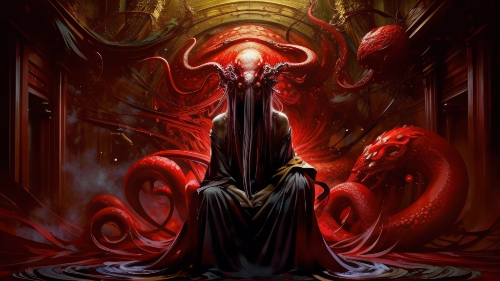 <lora:Cthulhu:0.9>,niuqu,solo,(1girl:1.1),sitting,robe,red eyes,long hair,tentacles,monster,<lora:add_detail:1>,