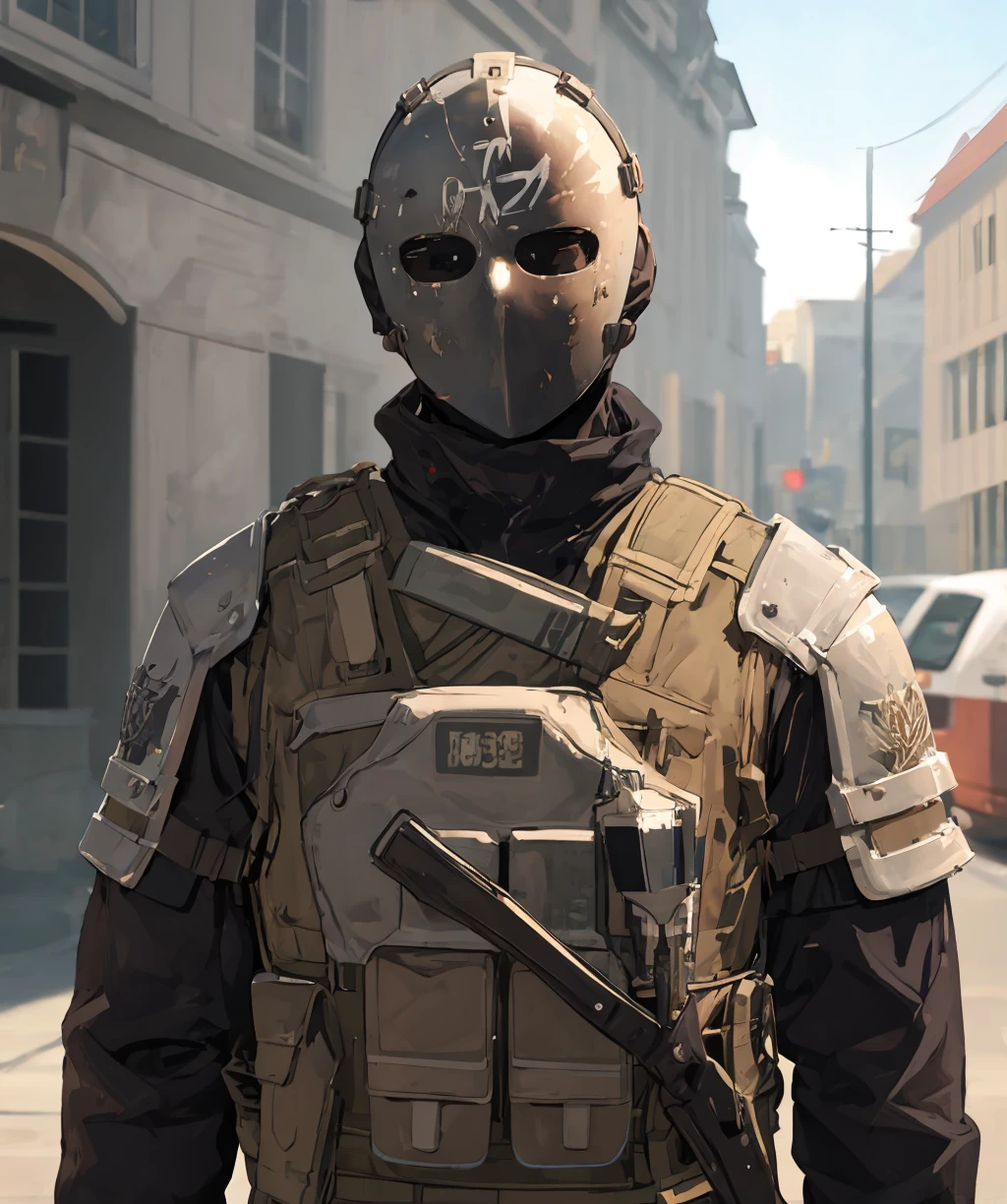 Osos Cruzados has a tactical look with sand and beige-toned clothing, perfect for a desert environment. He wears a white skull mask that covers his entire face., giving a threatening air. Your hands are protected by sturdy metal gauntlets, also with white details. the clothes, with white details, shows signs of wear, like dust and sand, suggesting that he is an experienced fighter in harsh terrain. Make the full body image 