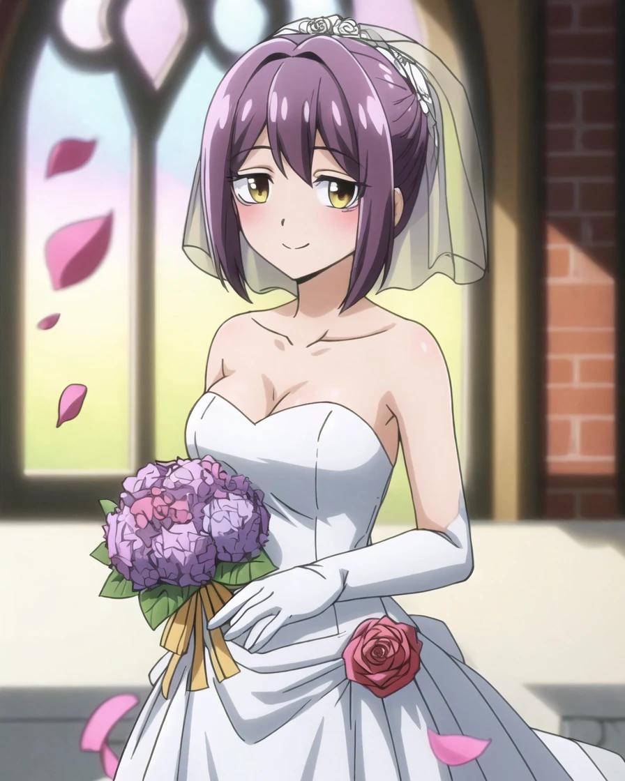 (masterpiece, high resolution, clear outlines, ultra-detailed, illustration), 1girl, utenamother, solo, cowboy shot, short ponytail, bare_shoulders, blurry, blurry_background, blurry_foreground, blush, bouquet, breasts, (bridal_veil:1.2), bride, collarbone, depth_of_field, dress, elbow_gloves, flower, garter_straps, gloves, holding_bouquet, hydrangea, jewelry, looking_at_viewer, motion_blur, navel, petals, pink_flower, pink_rose, purple_flower, purple_rose, red_rose, rose, rose_petals, smile, solo, stained_glass, strapless, (veil:1.2), wedding_dress, white_flower, white_rose, yellow_rose <lora:utenamother:0.75> <lora:flat2:-0.7>