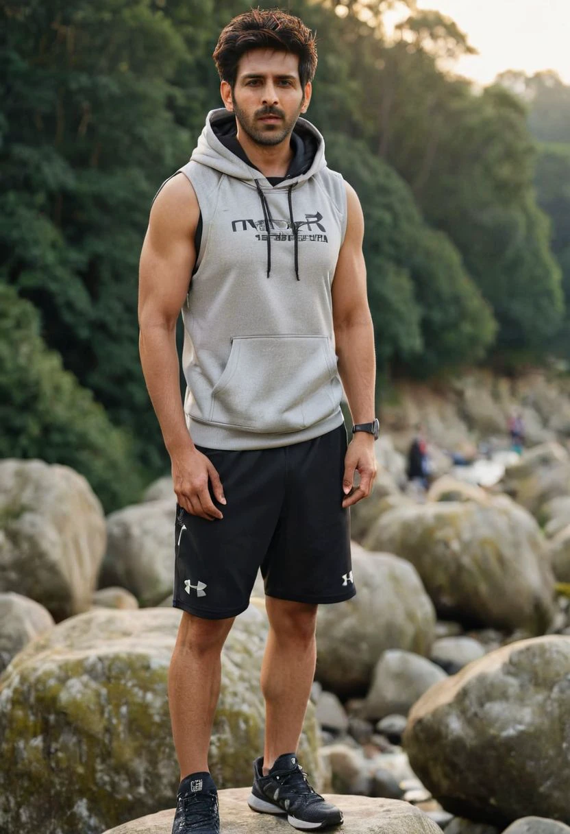 photo of rege-jean page a man <lora:Tovino-Thomas_Rege-Jean-Page:1>, wearing a sleeveless well-fitted under armour hoodie and compression shorts, standing on a boulder, outdoor trail, 35mm photograph, film, bokeh, professional, 4k, highly detailed, creek in the background, natural lighting, golden hour