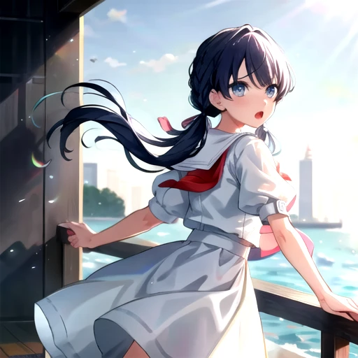 <lora:MuranoSayaka-09:0.7>, LLSayaka, looking at viewer, open mouth, skirt, dress, ribbon, twintails, school uniform, blue hair, hair ribbon, short sleeves, outdoors, serafuku, puffy sleeves, looking back, sailor collar, white dress, :o, puffy short sleeves, neckerchief, low twintails, sunlight, red neckerchief, sailor dress, white sailor collar
