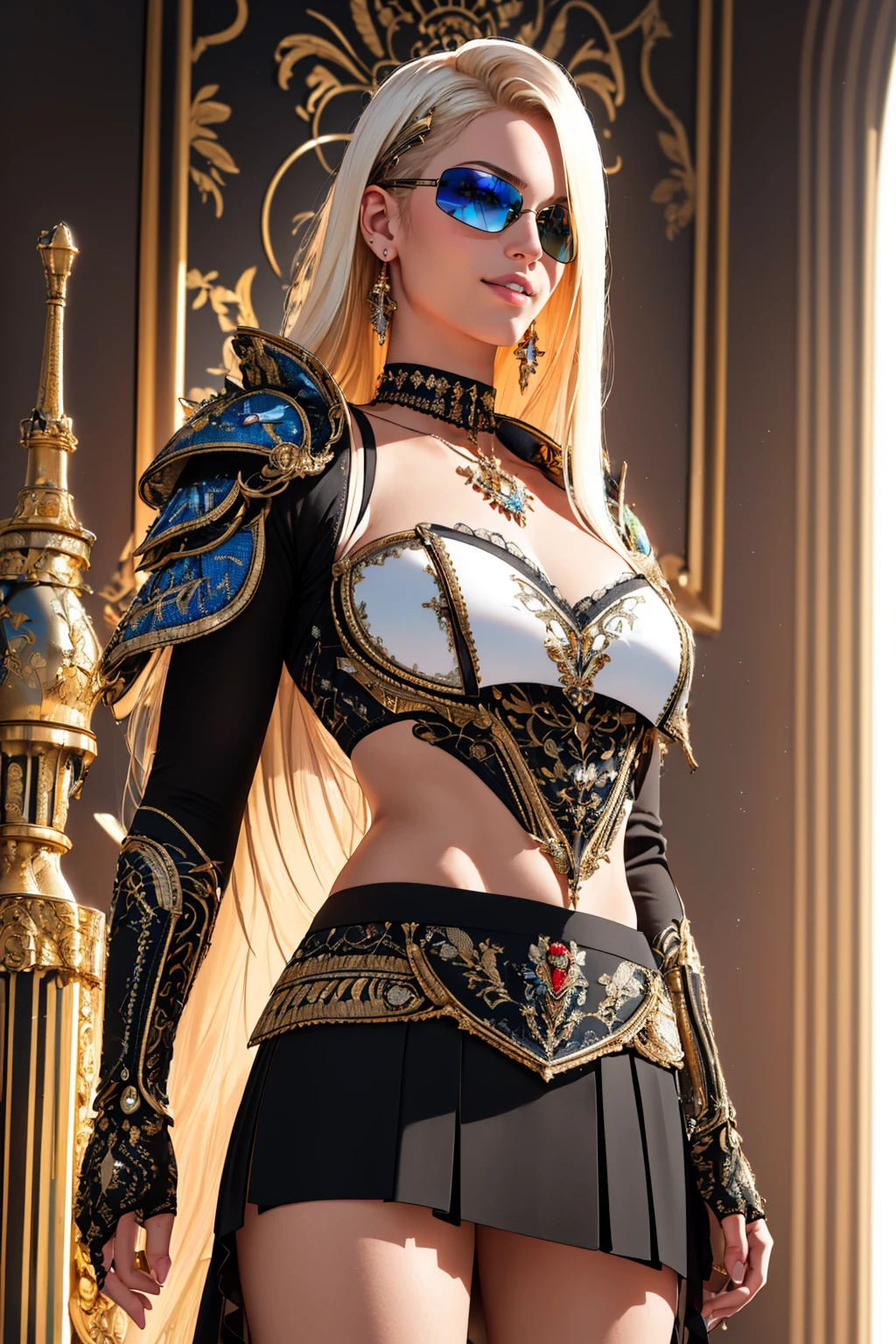 ((masterpiece,best quality,edgQuality)),(smile),looking at viewer,standing,
edgPB_woman,edgPB_face,edgPB_body, looking at viewer,choker,sunglasses
edgLnF, armor,clothing cutout, pauldrons, wearing edgLnF,(skirt,embroidery)
 <lora:edgLnF:0.75> <lora:edgPBlondeDollLikenessv1:0.5>