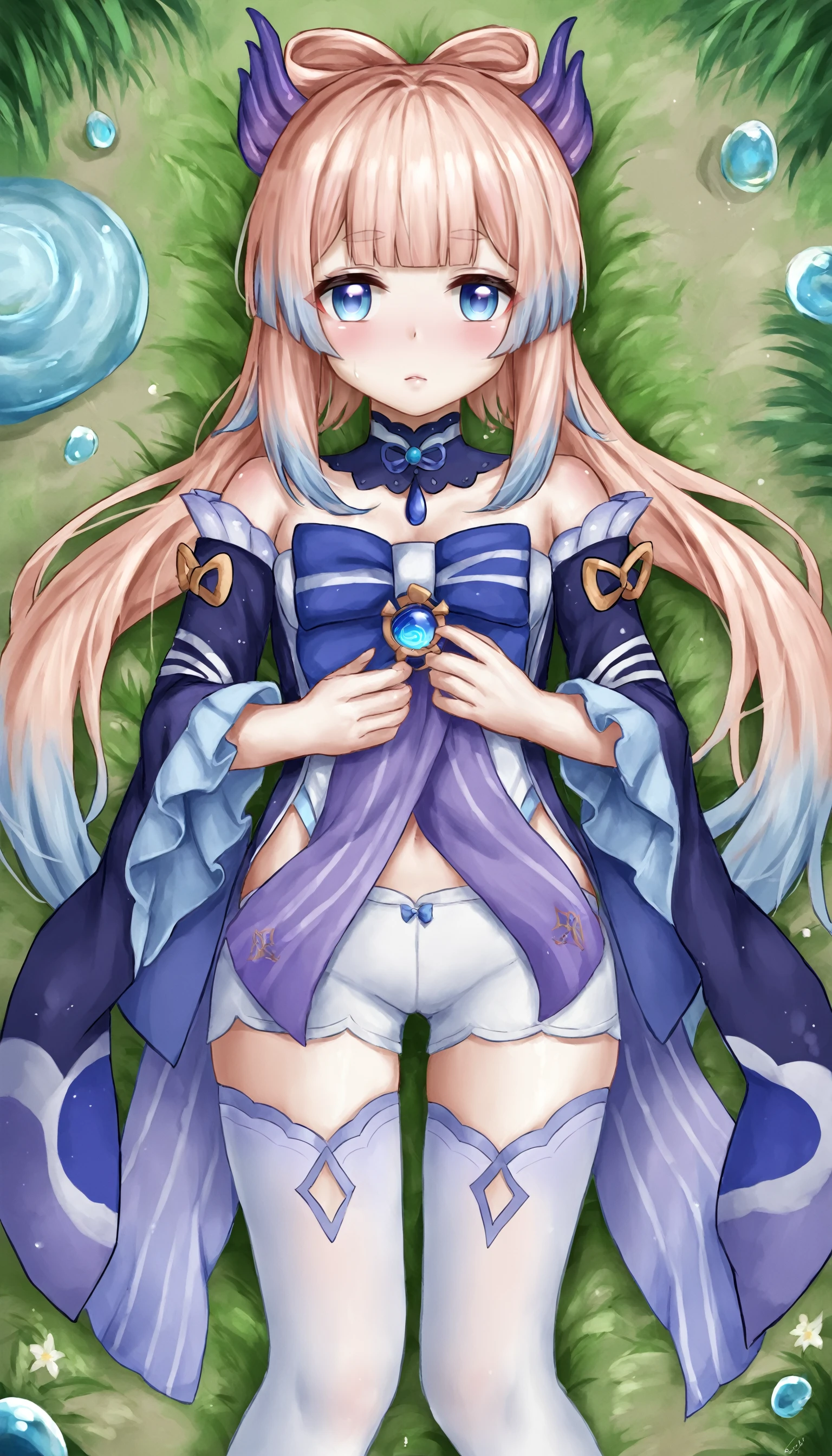 score_9, score_8_up, score_7_up, score_6_up, score_5_up, score_4_up, by aki99 BREAK
k0k0mi, blue eyes, purple horns, white thighhighs, detached collar, detached sleeves, vision \(genshin impact\), bowtie, white shorts BREAK <lora:k0k0mi-ponyxl-5-000010:0.8>
lake, grass, tree, <lora:aki99_pony_v3-000012:0.8>