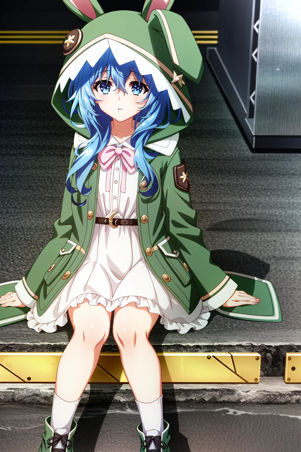 (extremely detailed CG unity 4k wallpaper),(masterpiece),(best quality),(ultra-detailed),(best illustration),(best shadow),(absurdres),(detailed background) <lora:OGT_Yoshino_Himekawa-v1:1> Yoshino Himekawa, green footwear, sitting, 1girl, hood, animal ears, blue hair, animal hood, blue eyes, solo, long hair, rabbit ears, boots, dress, long sleeves, open clothes, white dress, hair between eyes, bangs, looking at viewer, jacket, ribbon, sleeves past wrists, socks, hood up, coat, rabbit hood, knees together feet apart, parted lips
