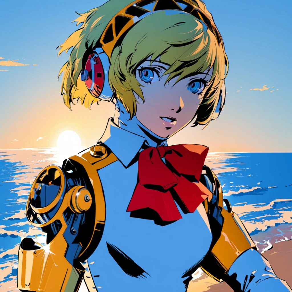 1girl, aegis_\(persona\), blonde_hair, blue_eyes, highres, joints, persona, persona_3, ribbon, robot, robot_joints, sitting by ocean, portrait, masterpiece, newest, best quality, high quality, soejima_shigenori <lora:soejima_style_xl_c:1>