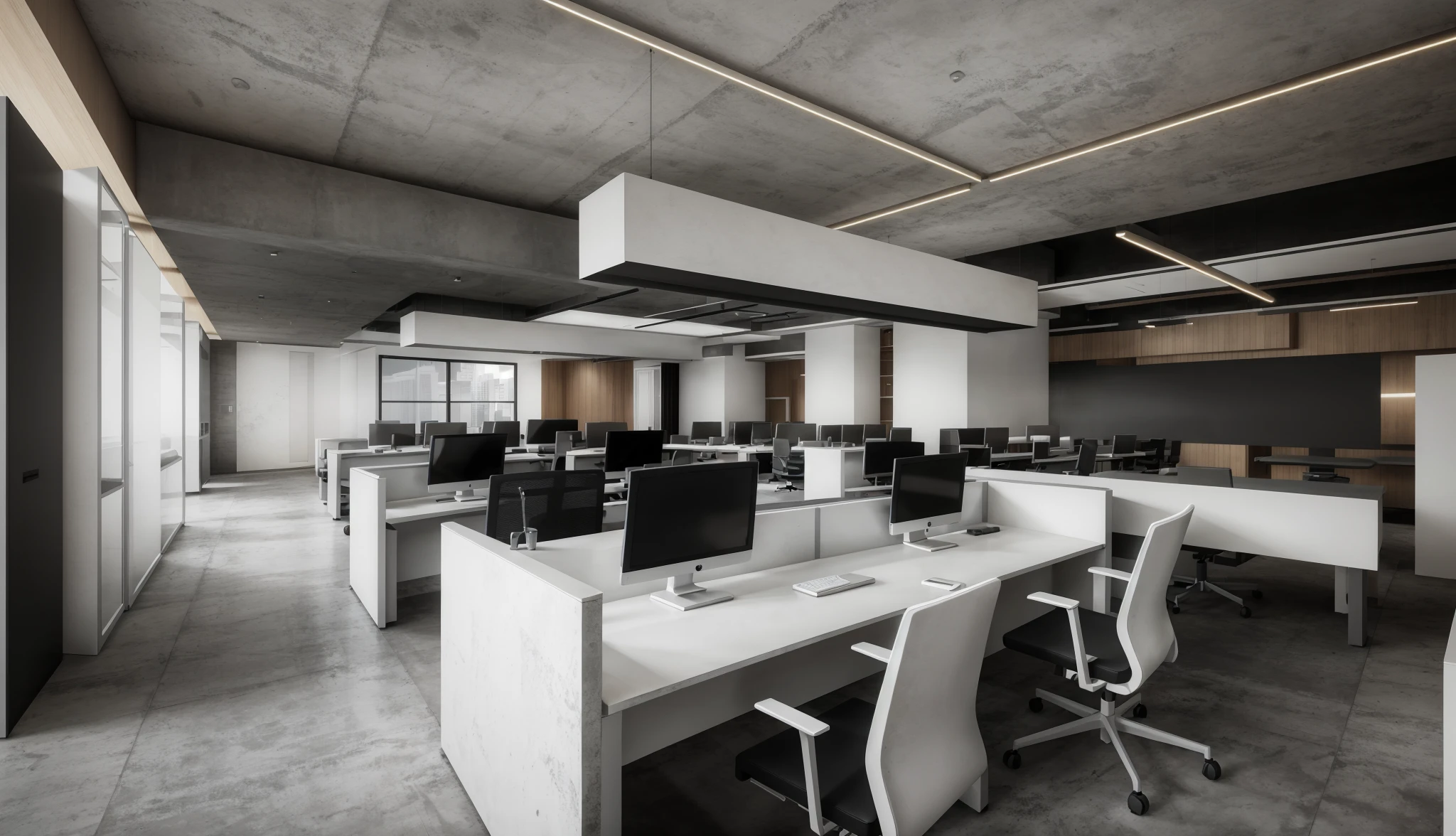 office, white, TV screen,  concrete, white, desk, computers, chair, masterpiece,best quality, super detailed, realistic, photorealistic, 8k <lora:aarg_office-000005:0.8>