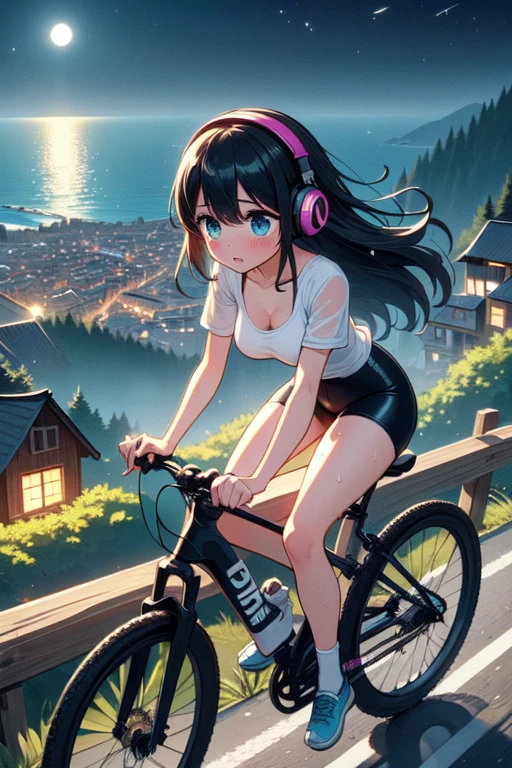 (((masterpiece))), (((best quality))),  (((speed lines))), (((full body))), (((riding a downhill road bike))), (((hands on handlebar))), (((steep slope))), headphones, cyan lace cycling shorts, strong wind, 1girl,  ribbon, black longhair, collarbone, cleavage, ((huge tits)), ((sweat)), ((wet body)), shy. blush, thighs, (((knee))), ((shoes)), ((wheel)), ((slender figure)), (((night))), (((countless house in town close to sea))), <lora:girllikedownhill:1>