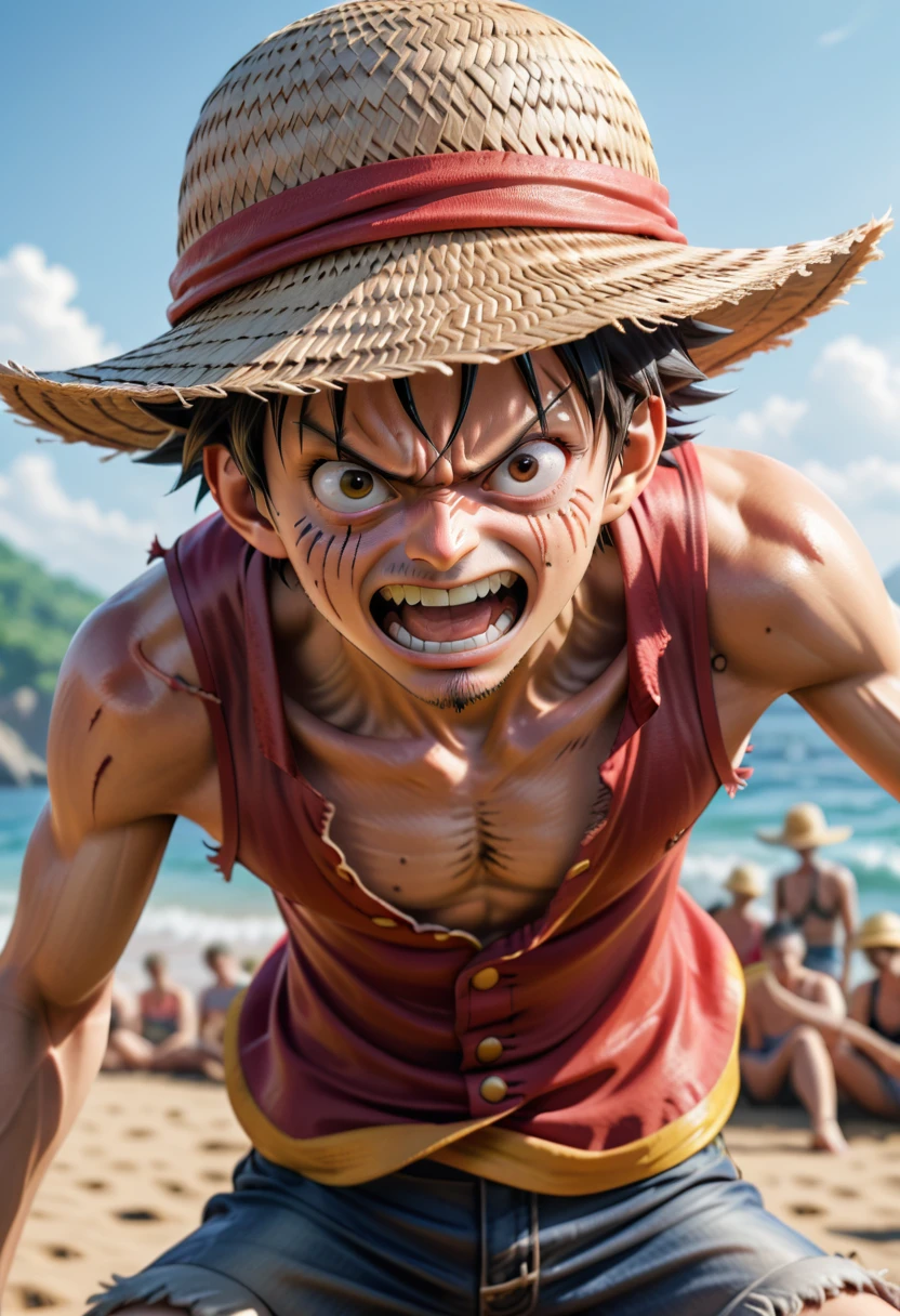 Luffy from one piece having his final battle, closeup shot, he is angry, wearing a straw hat and shorts. realistic photo, 8k, perfection,  simi realiality, wearing a sleeveless shirt