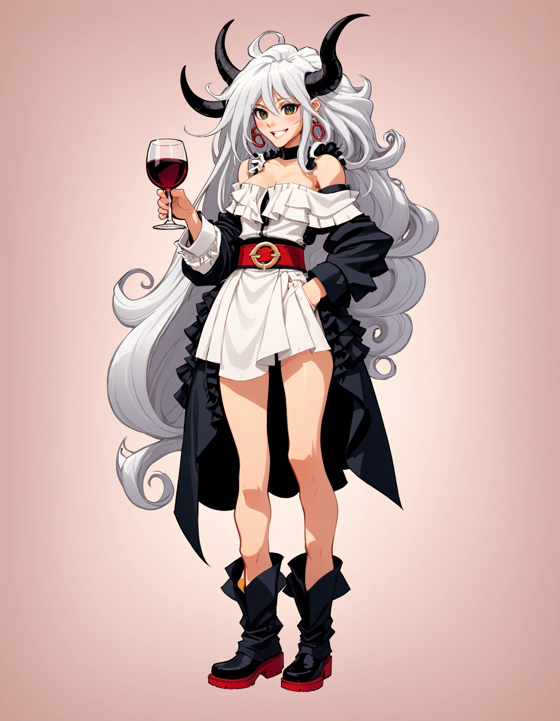 1boy, joe mad style, solo, holding, cup, long hair, holding cup, red footwear, wine glass, open mouth, drinking glass, white background, thigh strap, simple background, hair between eyes, bare shoulders, smile, multicolored hair, wine, off shoulder, fingernails, very long hair, looking at viewer, blood, boots, grey hair, fang, full body, white hair, black eyes, tongue, pouch, long sleeves, frills, bangs, belt pouch, :d, sleeves past wrists, skin fang, skirt, horns, o-ring, gradient hair, white jacket, foreshortening, cinematic angle, cinematic lighting, masterpiece, best quality, <lora:JoemadXLV2:1>