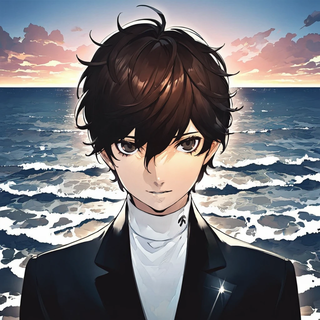1boy, amamiya_ren, persona 5, brown hair, standing by ocean, closeup portrait, masterpiece, newest, best quality, high quality, soejima_shigenori <lora:soejima_style_xl_c:1>