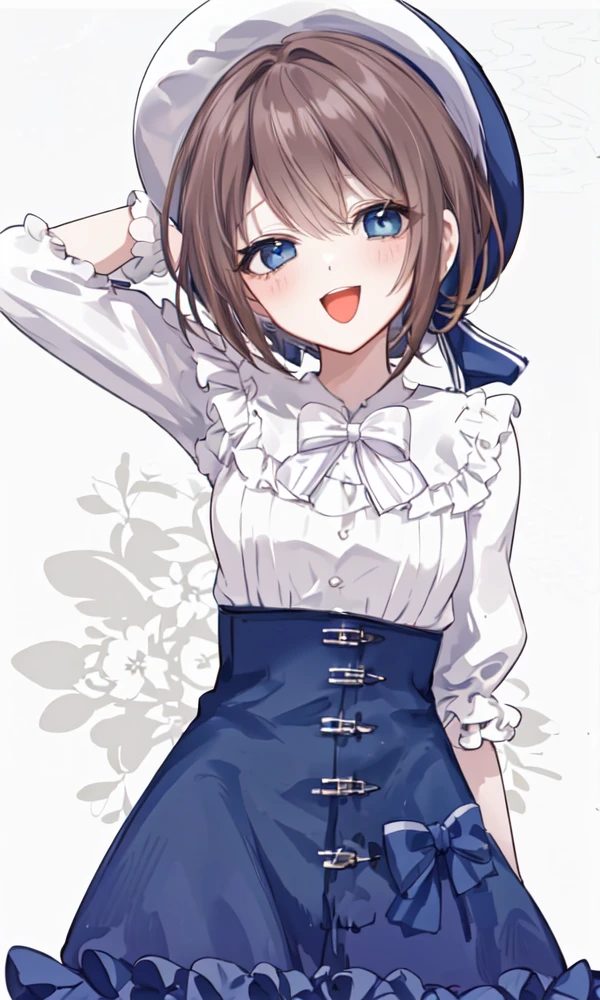 (masterpieces, best quality, 8K, 4K, highres:1.2),1girl,(cowboy shot:1.2),bangs,breasts,hair between eyes,looking at viewer,<lora:å°éºææ¢¦:0.7:lbw=MIDD>,<lora:LCM_LoRA_Weights_SD15:1>,<lora:Smug>,smug,open mouth,smile, blue eyes,brown hair,short hair,hat,