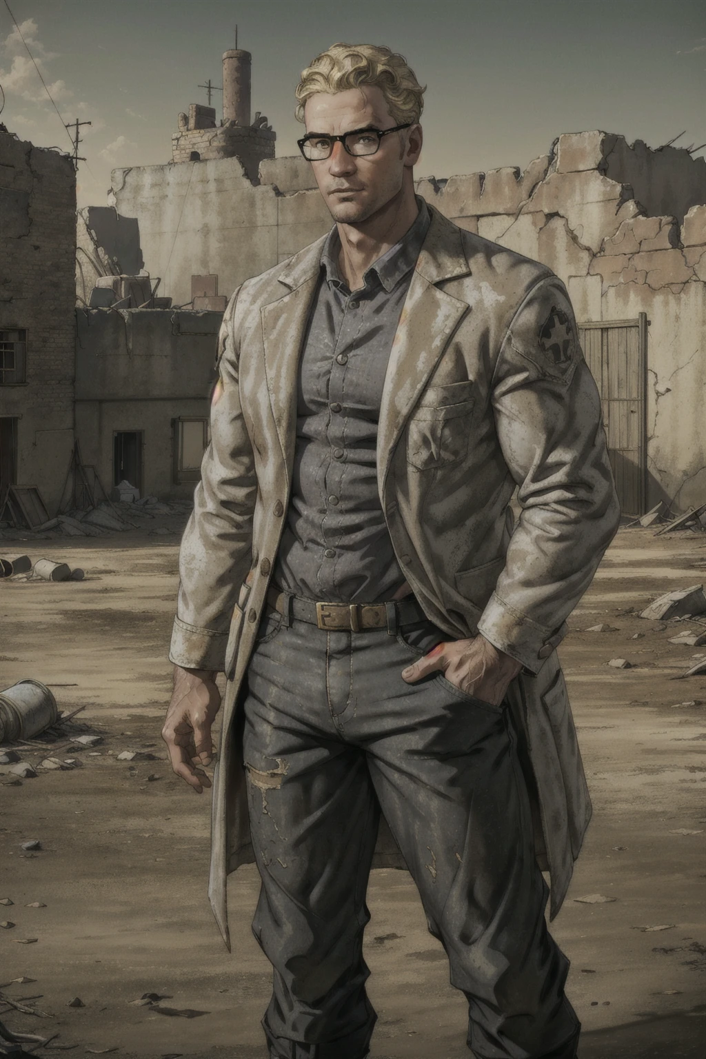 1boy,  solo,  Arcade Gannon,  Fallout: New Vegas,  doctor,  scientist,  35 years old,  tall,  blonde hair,  short hair,  green eyes,  wore glasses,  handsome,  light-grey collared shirt,  white lab coat,  military pants,  black combat boots,  perfect anatomy,  perfect proportions,  8k,  HD,  HQ,  (best quality:1.2,  masterpiece,  madly detailed photo),  detailed,  perfect face,  perfect eye pupil,  detailed eyes,  high_resolution,  perfecteyes,  (upper body in frame,  portrait),  handsome,  charming,  alluring,  sexy,  erotic,  Fallout: New Vegas location,  Mojave Wasteland,  post-apocalyptic ruins,  desolated landscape,  dark blue sky, (dutch angle),<lora:EMS-498-EMS:0.200000>,<lora:EMS-282021-EMS:0.500000>