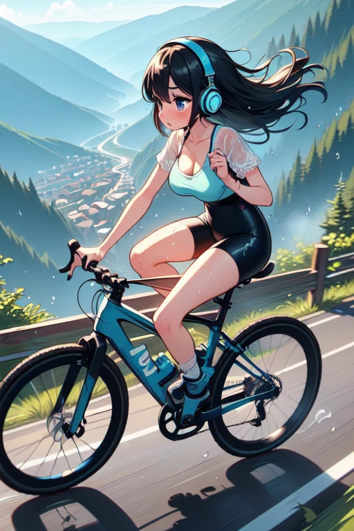 (((masterpiece))), (((best quality))), (((speed lines))), (((full body))), (((riding a downhill road bike))), (((hands on handlebar))), (((steep slope))), headphones, cyan lace cycling shorts, strong wind, 1girl, ribbon, black longhair, collarbone, cleavage, ((huge tits)), ((sweat)), ((wet body)), shy. blush, thighs, calves, (((shoes))), ((wheel)), ((slender figure)), <lora:girllikedownhill:1>