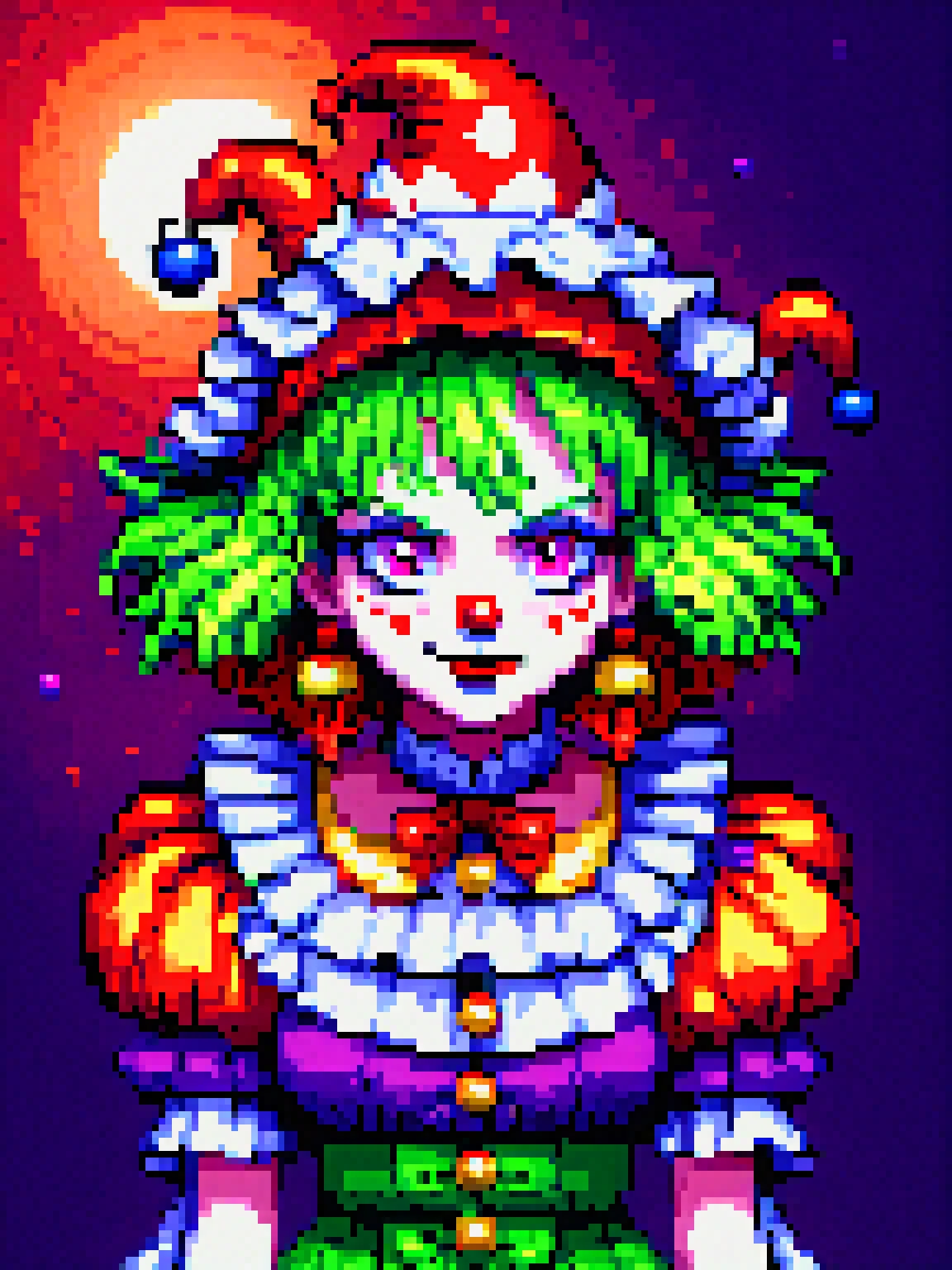 pomni, yamer_pixel_fusion, 1girl, solo, brown hair, white skin, (symbol-shaped pupils:1.1), jester cap, clown, multicolored headwear, puffy sleeves, short sleeves, hat, angry expression, red night, red glowing moon, Pixel Art, <lora:Pixel_Fusion_LORA:1>