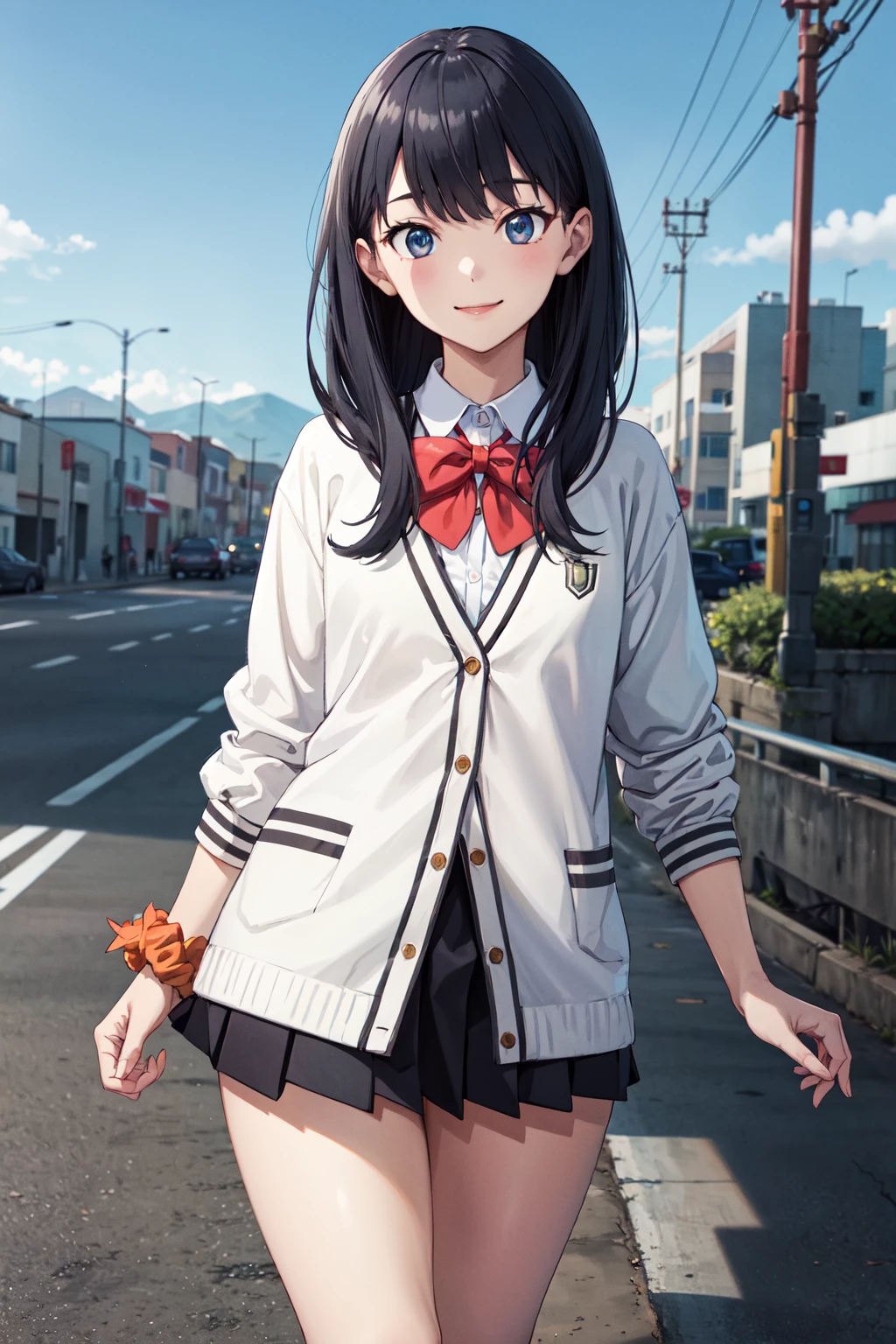 masterpiece,best quality,highres,ultra-detailed,aarikka,long hair,bangs,school uniform,red bowtie,white cardigan,white shirt,long sleeves,wrist scrunchie,orange scrunchie,black skirt,socks,red socks,loafers,brown footwear,<lora:takarada_rikka:0.7>,outdoors,standing,cowboy shot,smile,