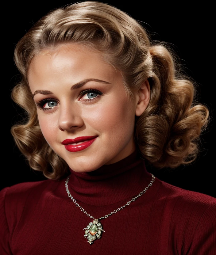 <g1ng3r0>, Ultra-HD-details, Black background, smile, detailed eyes, 50s dress, cotton hair, 40s makeup, 50s style, Necklace, jewelry, ((Turtleneck red)), intricate