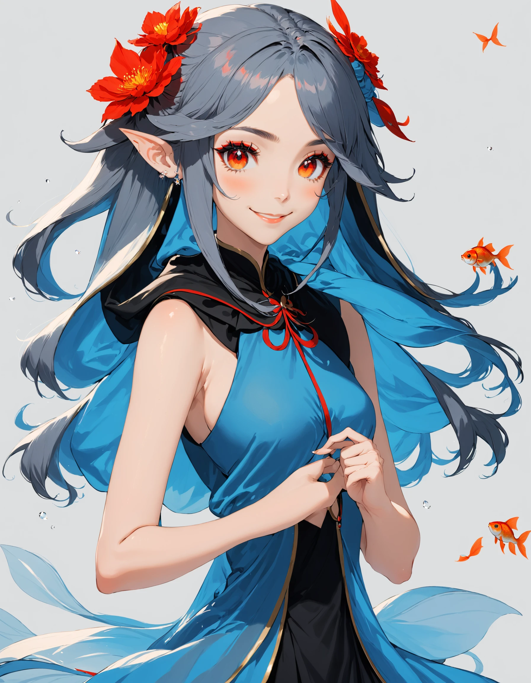 1girl, etherealpaint, black hair, blue hair, closed mouth, clothing cutout, double bun, dress, elf, goldfish, grey skin, hair ornament, holding, hood up, jewelry, long hair, makeup, navel, petals, red eyes, red flower, red hair, sleeveless, smile, solo, tail, upper body, white hair, cinematic lighting, cinematic angle, masterpiece, best quality , <lora:EtherealPaintXL:0.8>