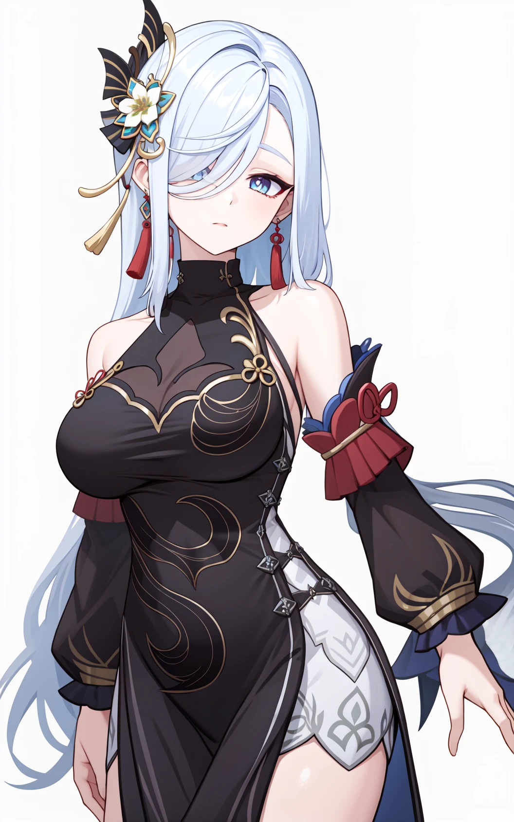 <lora:ç³é¹¤æ°ç®è¤-000010:1:lbw=char>,shenhe,shenhe \(genshin impact\),hair ornament,bangs,blue eyes,bare shoulders,large breasts,hair over one eye,detached sleeves,dress,black dress,tassel,white hair,chinese clothes,jewelry,earrings,flower,, 1girl,
, (masterpiece,best quality:1.2),absurdres