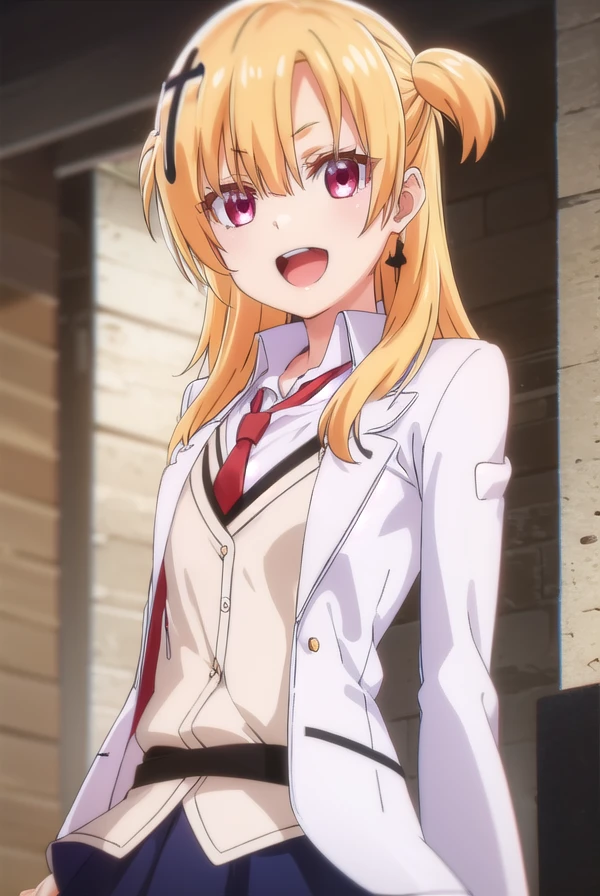 somalilonghaired, <lora:somali longhaired s1-lora-nochekaiser:1>,
somali longhaired, long hair, blonde hair, hair ornament, (red eyes:1.3), two side up, cross hair ornament, smile, open mouth,
BREAK skirt, shirt, thighhighs, jewelry, school uniform, jacket, pleated skirt, earrings, necktie, striped, pants, black skirt, blazer, red necktie, (white jacket:1.5),
BREAK indoors, classroom,
BREAK looking at viewer, (cowboy shot:1.5),
BREAK <lyco:GoodHands-beta2:1>, (masterpiece:1.2), best quality, high resolution, unity 8k wallpaper, (illustration:0.8), (beautiful detailed eyes:1.6), extremely detailed face, perfect lighting, extremely detailed CG, (perfect hands, perfect anatomy),