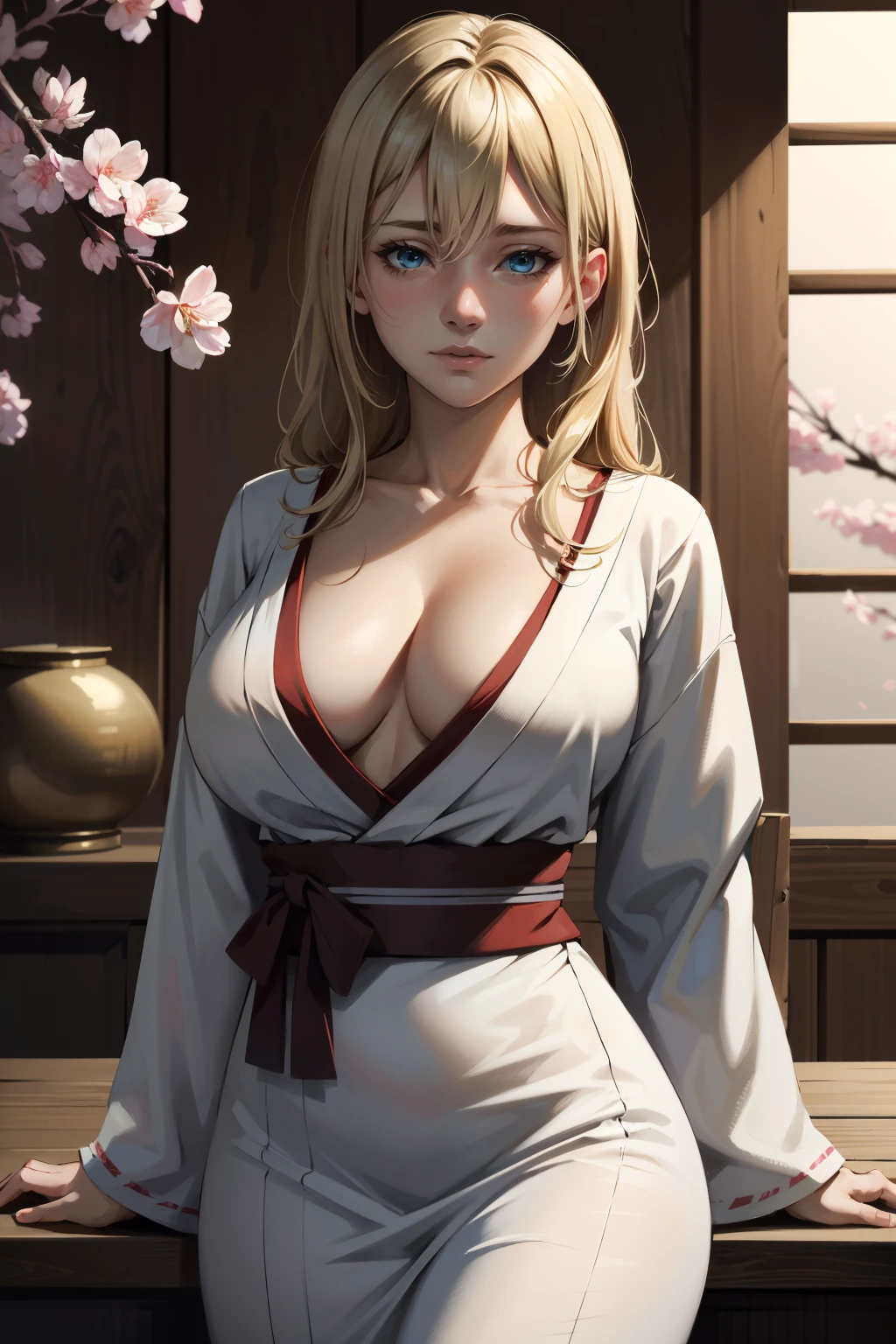 Elf、yukata(crane、magnificent)、Portrait of a beautiful 16 year old girl , detailedな背景画、Red Eyes, detailedな目、detailedな手脚、Accentuate the cleavage、Festivals, Tan Skin、Bright red lips, (masterpiece) (Highest quality) (detailed) (8K) (High resolution) (Cinema Lighting) (Sharp focus)、Blonde、(Inner Color: Random), ((blush: 0.8)), Natural skin texture, Transparent skin、Delicate, rolled up、豪magnificent、hair ornaments、A step back angle、