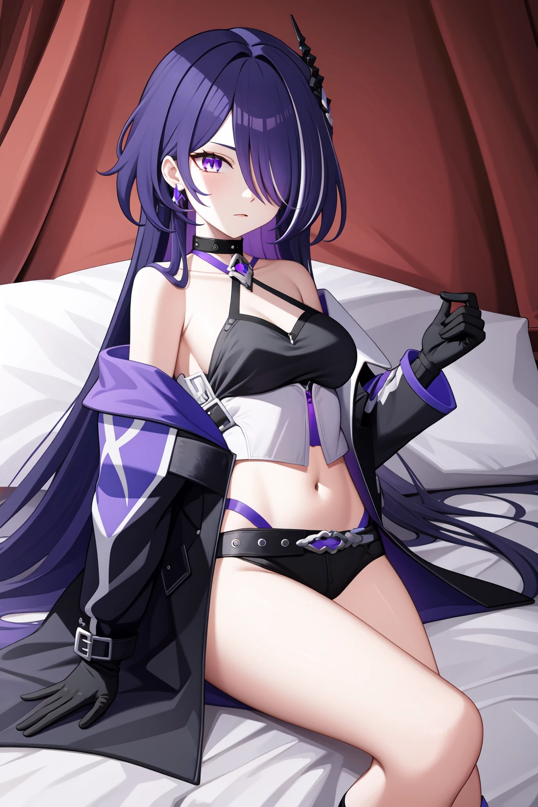 <lora:黿³:1:lbw=char>,huangquan,long hair,purple hair,purple eyes,hair over one eye,navel,gloves,hair ornament,black gloves,bare shoulders,choker,trench coat,midriff,crop top,single kneehigh,, 1girl,
, (masterpiece,best quality:1.2),absurdres