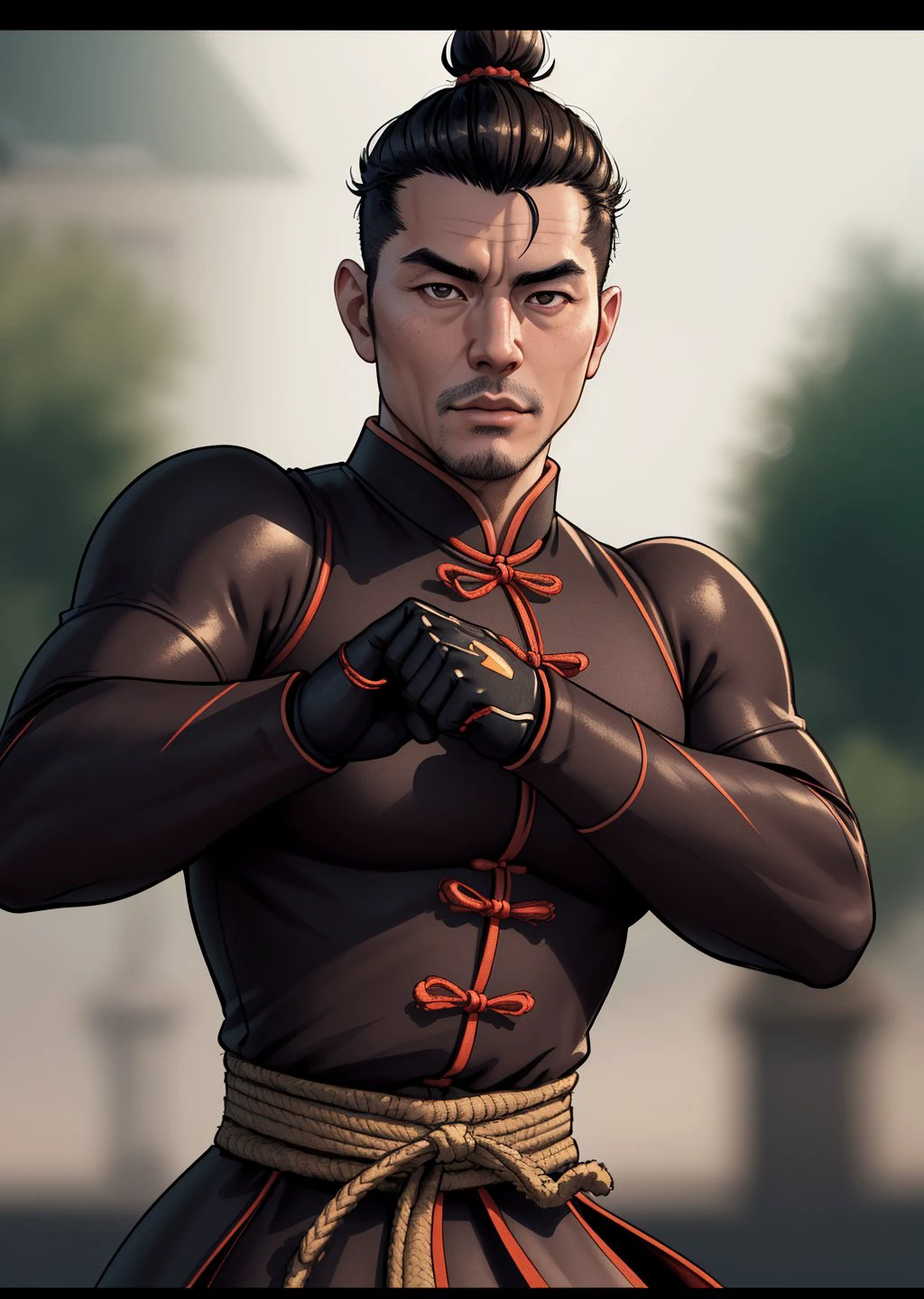 closed up portrait comics bock, chine (man:1.4), dynamicwushu fighting stance, (masterpiece), (realistic), 8k, RAW photo, very wide shot, octane render, unreal engine, volumetrics dtx, (film grain, bokeh, blurry foreground)