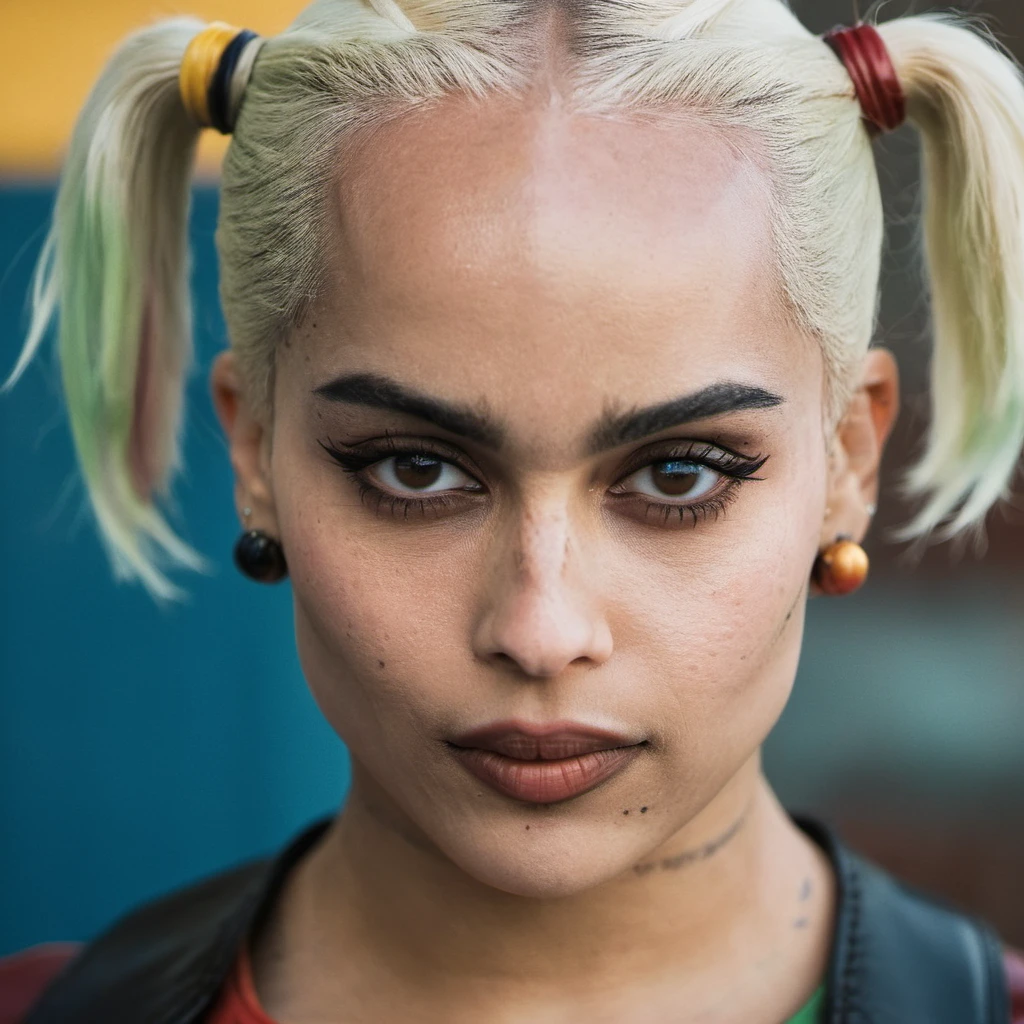 High res closeup portrait photo of an actress dressed as Harley Quinn, f /2.8, Canon, 85mm,cinematic, high quality, skin texture, looking at the camera, <lora:zokravitz_xl_1_standard_merger_47_59_83_05_03_02:1>