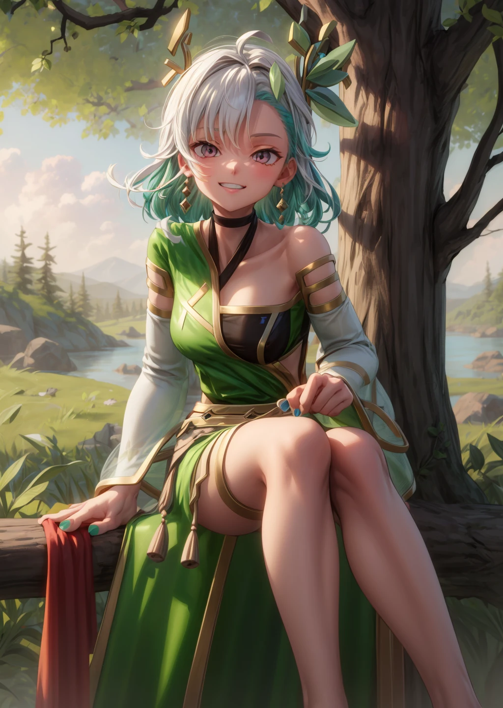 masterpiece, best quality, tina branford, green hair, cape, earrings, red dress, detached sleeves, hair ribbon, clothes around waist, print legwear, looking at viewer, closed mouth, smile, sitting on ground, grass <lora:tina-nvwls-v1-000012:0.9>