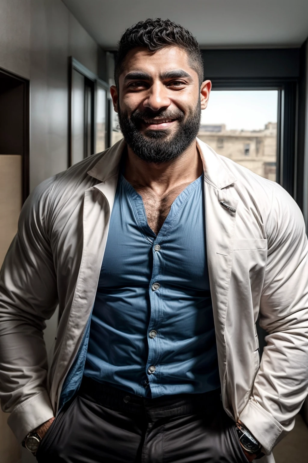 doumit ghanem,  solo,  looking at viewer,  short hair,  muscular frame,  beard,  arrogant,  warm smile,  elegant clothes,  jacket,  shirt,  doctor,  rolex,  daylight,  best quality,<lora:EMS-179-EMS:1.000000>,<lora:EMS-282239-EMS:0.700000>