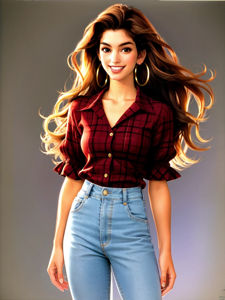 Realistic photo of a beautiful c1ndyc woman,1girl,solo,long hair,breasts,looking at viewer,smile,brown hair,jewelry,standing,short sleeves,earrings,teeth,pants,grin,hoop earrings,realistic, soft lighting, professional Photography, Photorealistic, detailed, RAW, analog, sharp focus, 8k, HD, high quality, masterpiece<lora:c1ndyc:1.0>