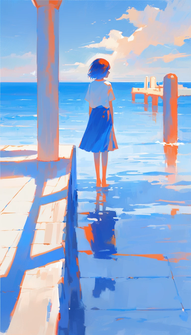 The image showcases a serene coastal setting with a solitary figure standing on a pier. The person is wearing a white shirt and a blue skirt,and their short hair is bobbed. They are facing away from the viewer,looking out over the vast blue ocean. The sky is partly cloudy,and the overall color palette is dominated by blues,whites,and soft oranges. The sun casts a gentle glow,highlighting the water's reflections and the pier's details..,<lora:ãµããã-000060:1>,, masterpiece, best quality,