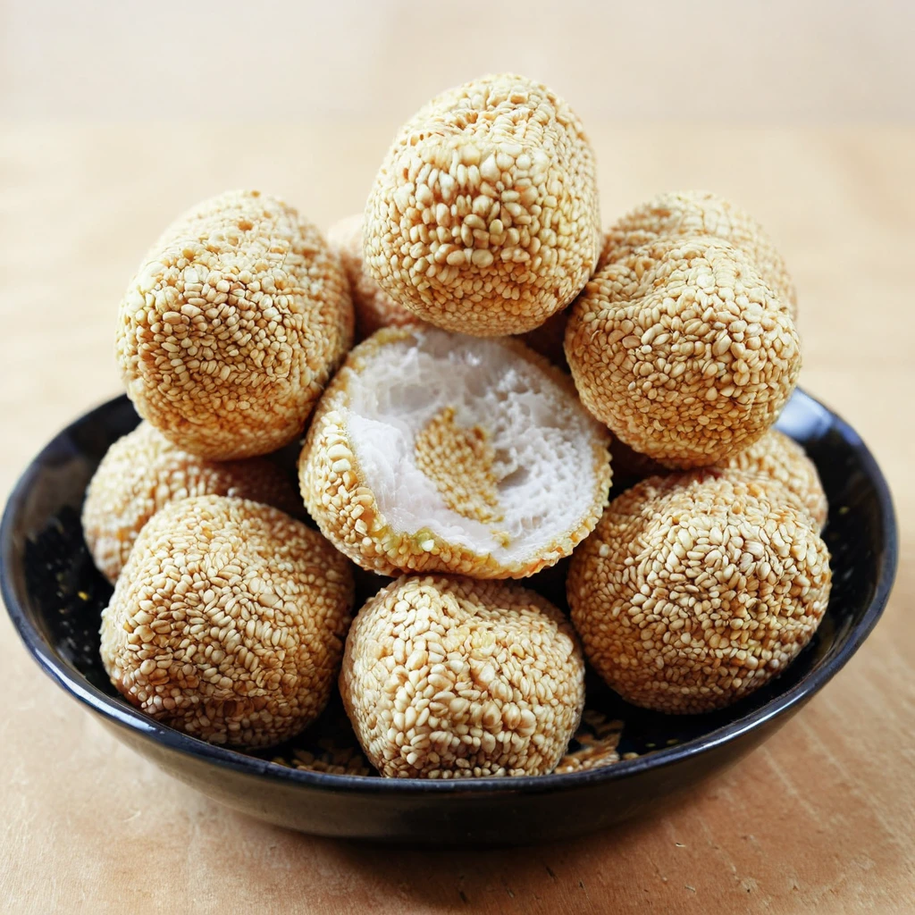 <lora:marao:0.7>, A photorealistic image of a bowl of sesame balls with a bite taken out of one