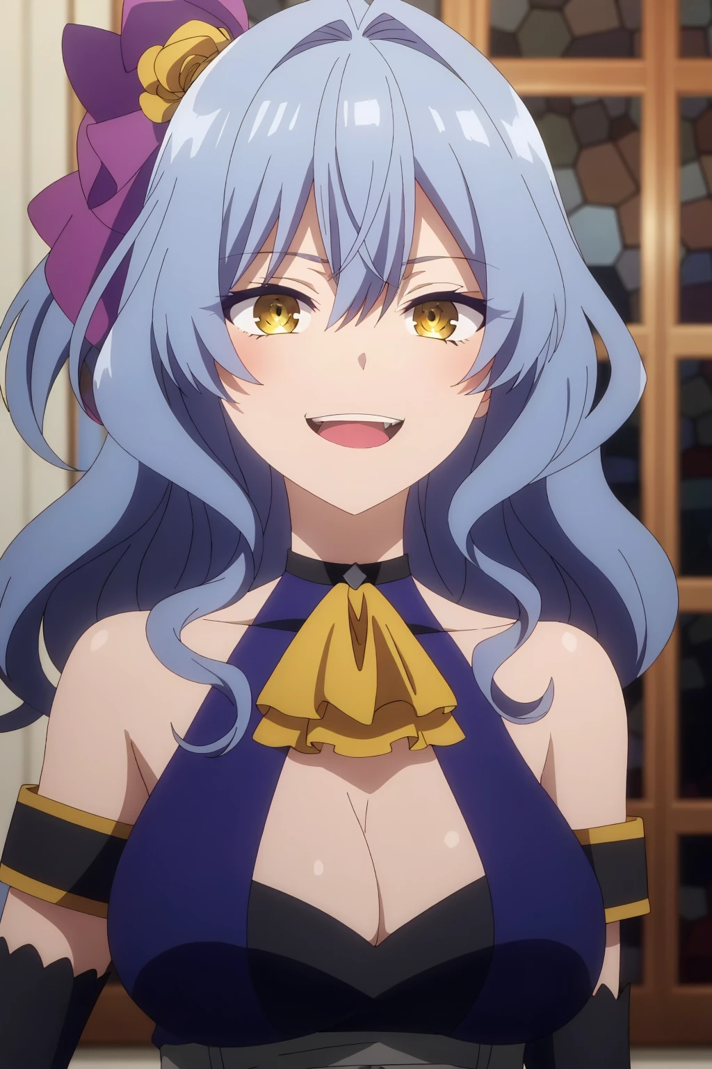 ((best quality)),((highly detailed)),masterpiece,absurdres,detailed face,beautiful face,(detailed eyes, deep eyes),1girl,((dynamic pose)) ,  <lora:MillicentV1:0.7>, Millicent, yellow eyes, breasts, blue hair, solo, cleavage, open mouth, ascot, bare shoulders, smile, long hair, looking at viewer, blue dress, upper body, wavy hair, dress, hair ornament, bangs, medium breasts, choker, hair between eyes, :d, hair ribbon, ribbon, window, large breasts, teeth, detached sleeves, collarbone, indoors, hair intakes, blurry, clothing cutout, cleavage cutout, halterneck, upper teeth only, sleeveless, sky, close-up, dutch angle, sleeveless dress, yellow ascot, portrait, gloves, blurry background, sidelocks, cloud