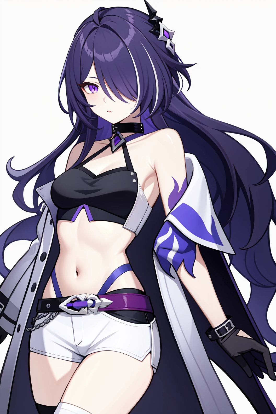 <lora:黿³:0.85:lbw=char>,huangquan,long hair,purple hair,purple eyes,hair over one eye,navel,gloves,hair ornament,black gloves,bare shoulders,choker,trench coat,midriff,crop top,single thighhigh,, 1girl,
, (masterpiece,best quality:1.2),absurdres
