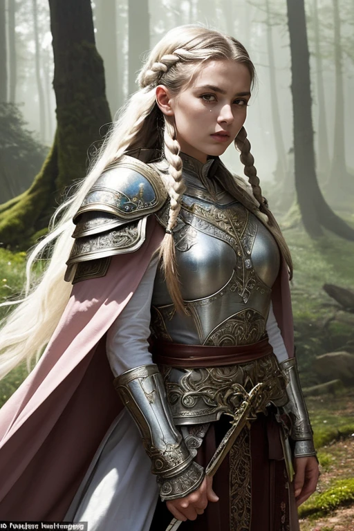 6. A female medieval warrior (ethnicity: White, age: mid-20s) in a misty, ancient forest (setting: mystical, dawn). She's clad in detailed leather armor (design: ornate, practical) with a long, flowing cape. Her hair is styled in intricate braids suitable for battle, and her face is marked with subtle war paint. She's wielding a sword (style: historical, embellished) with a fierce and determined expression, surrounded by ancient trees and soft, early morning light.