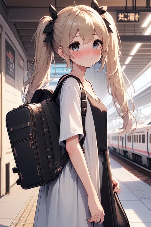 (((masterpiece))), (((best quality))), (guitar case backpack:1.5), ((platform)), ((bullet train)), ((earphone)), T-shirt, black chiffon long coat, navigation sign, white tile wall, 1girl, smile, ribbon, blond twintails, collarbone, cleavage, big tits, sweat, shy. blush, <lora:girllikeplatform:1>