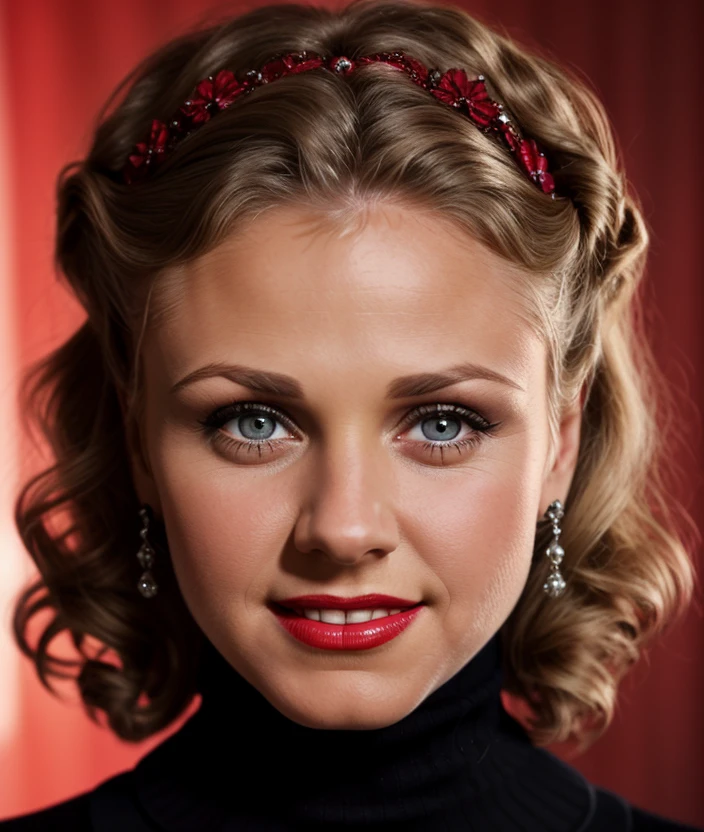 <g1ng3r0>, Ultra-HD-details, Black background, smile, detailed eyes, 50s dress, cotton hair, 40s makeup, 50s style, Necklace, jewelry, ((Turtleneck red)), intricate