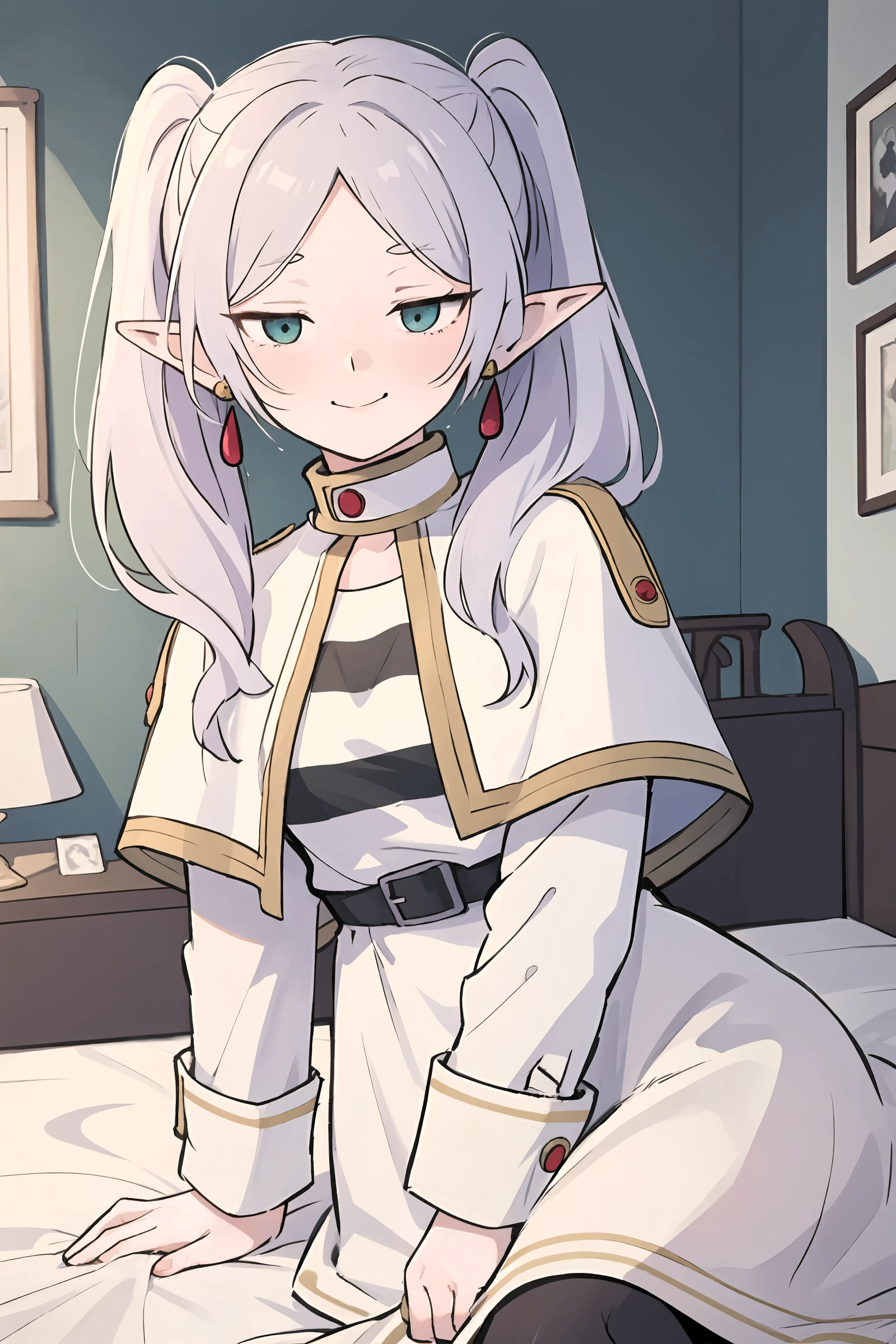 1girl, frieren, solo, twintails, earrings, black pantyhose, black belt, capelet, white skirt set, striped shirt, white jacket, upper body, bedroom, depth of field, sitting on side of the bed, reclining, arm support,  <lora:face-hotarueye:0.8>, ecstasy, gasping, smirk, looking at viewer, masterpiece